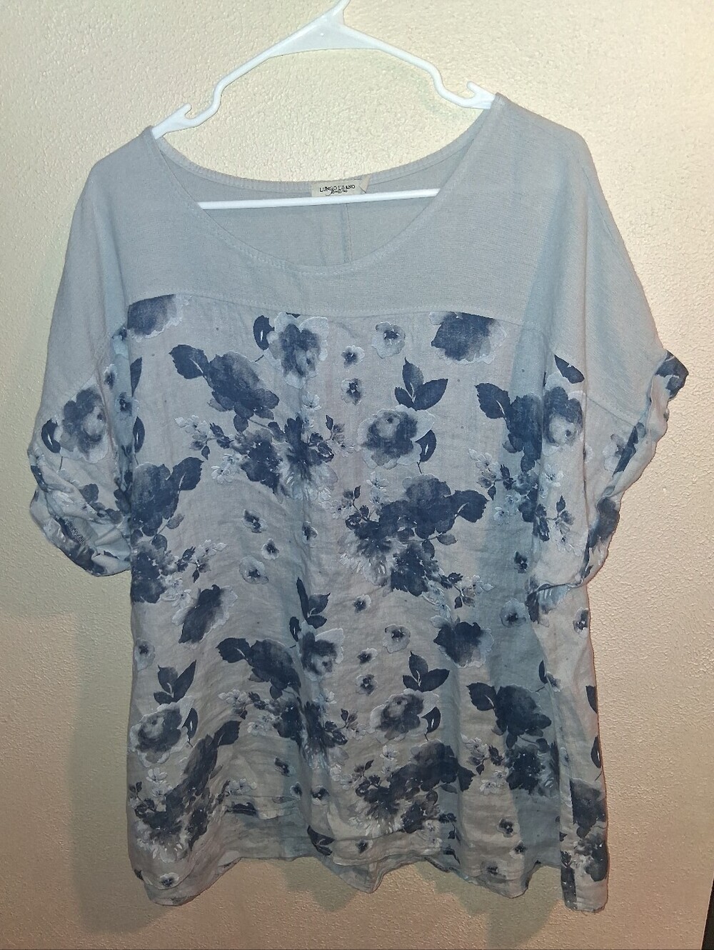 Lungo L'Arno 100% Linen Floral Gray Blue Short Sleeve Popover Top Made In Ital2X